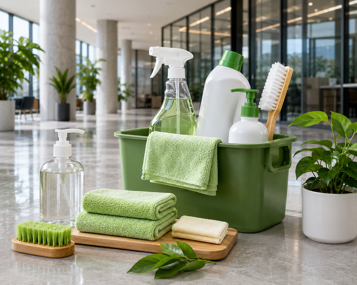 Green, non-toxic cleaning products in a bright medical lobby