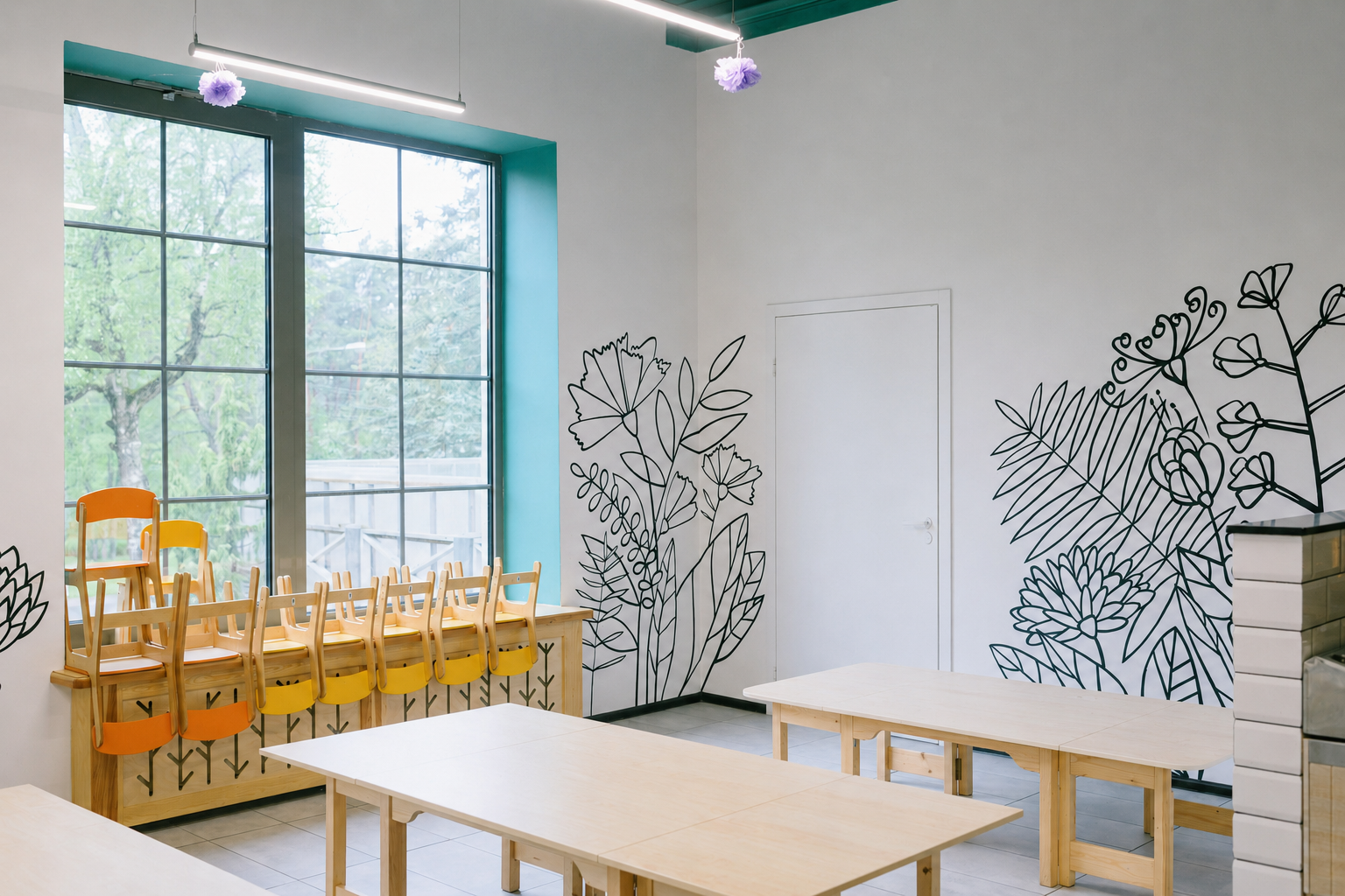 Bright, tidy daycare classroom with natural light