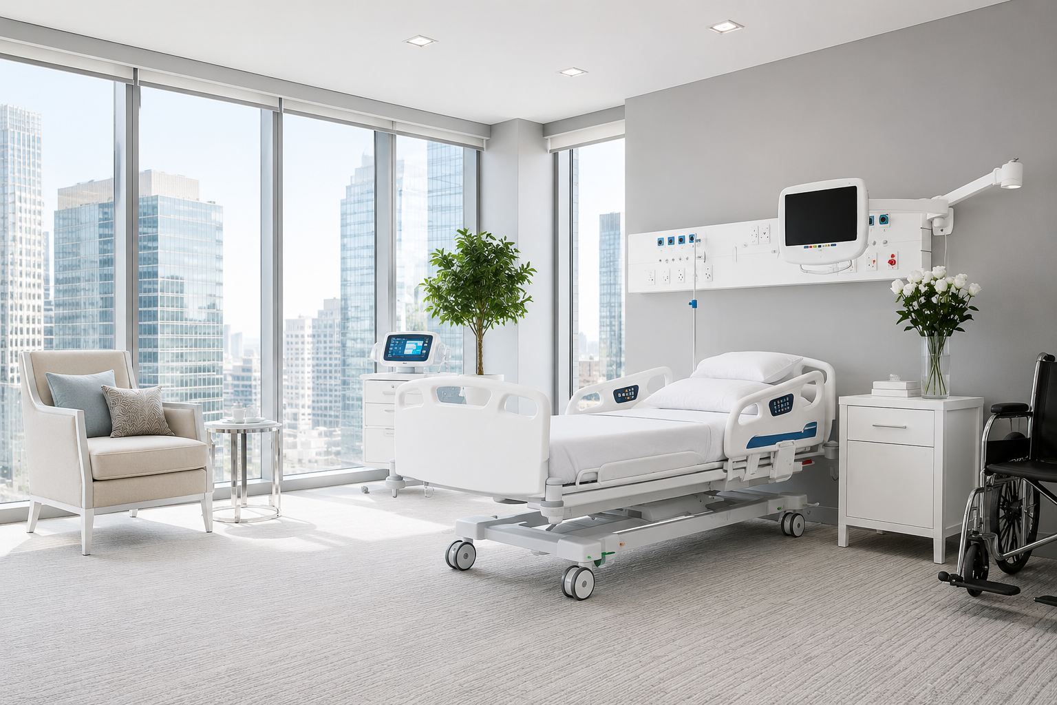 Bright, clean hospital patient room with natural light