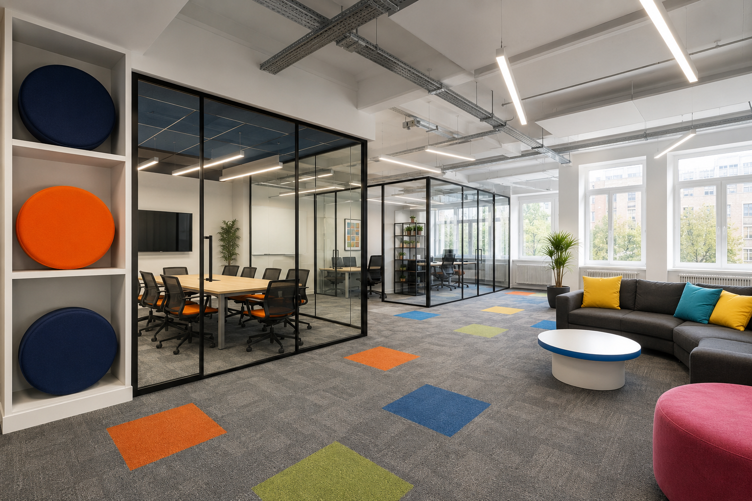 Modern, clean open office with meeting rooms