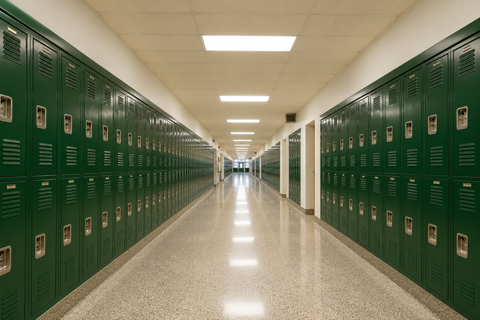 Clean, polished school hallway with lockers