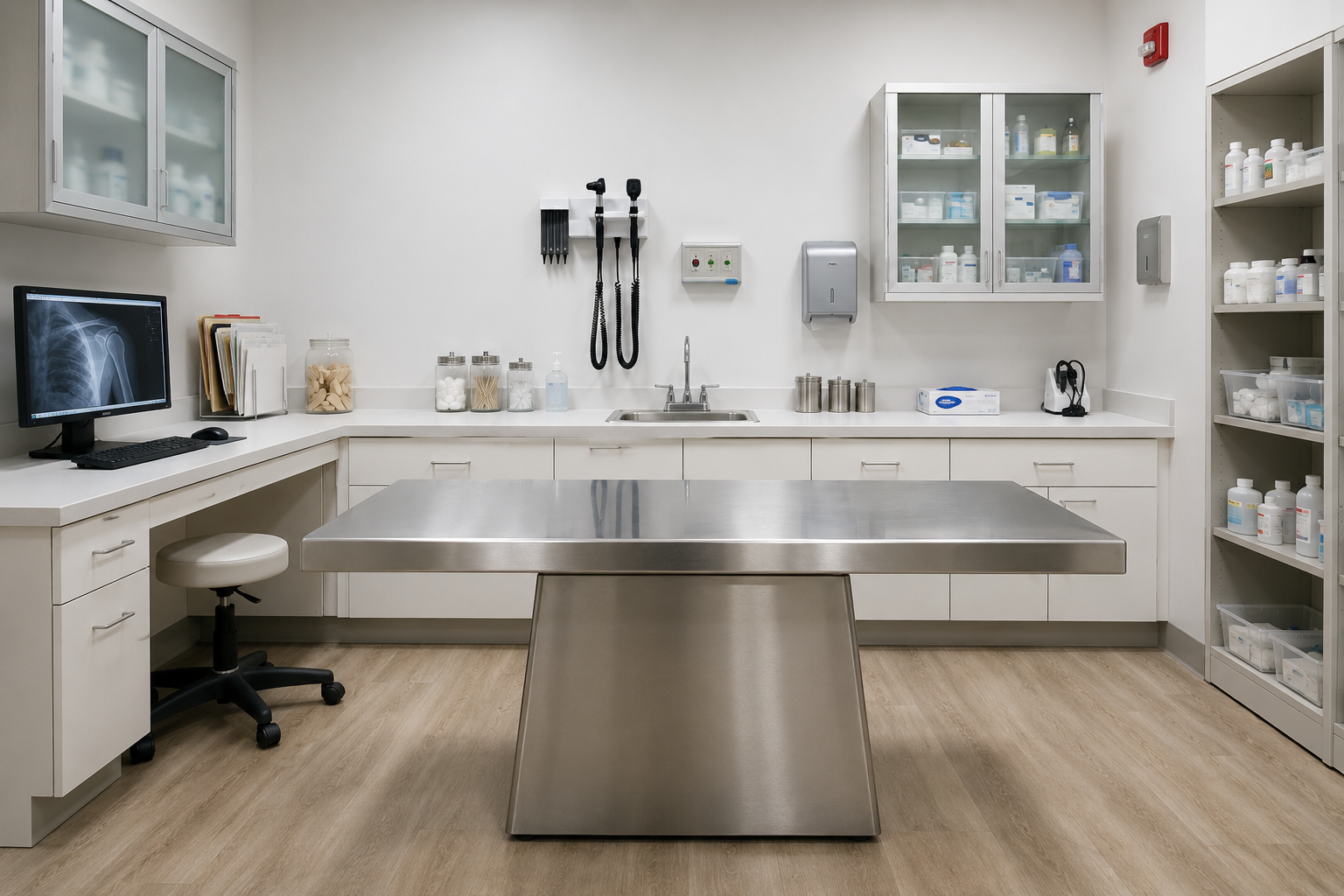 Clean veterinary exam room with stainless table